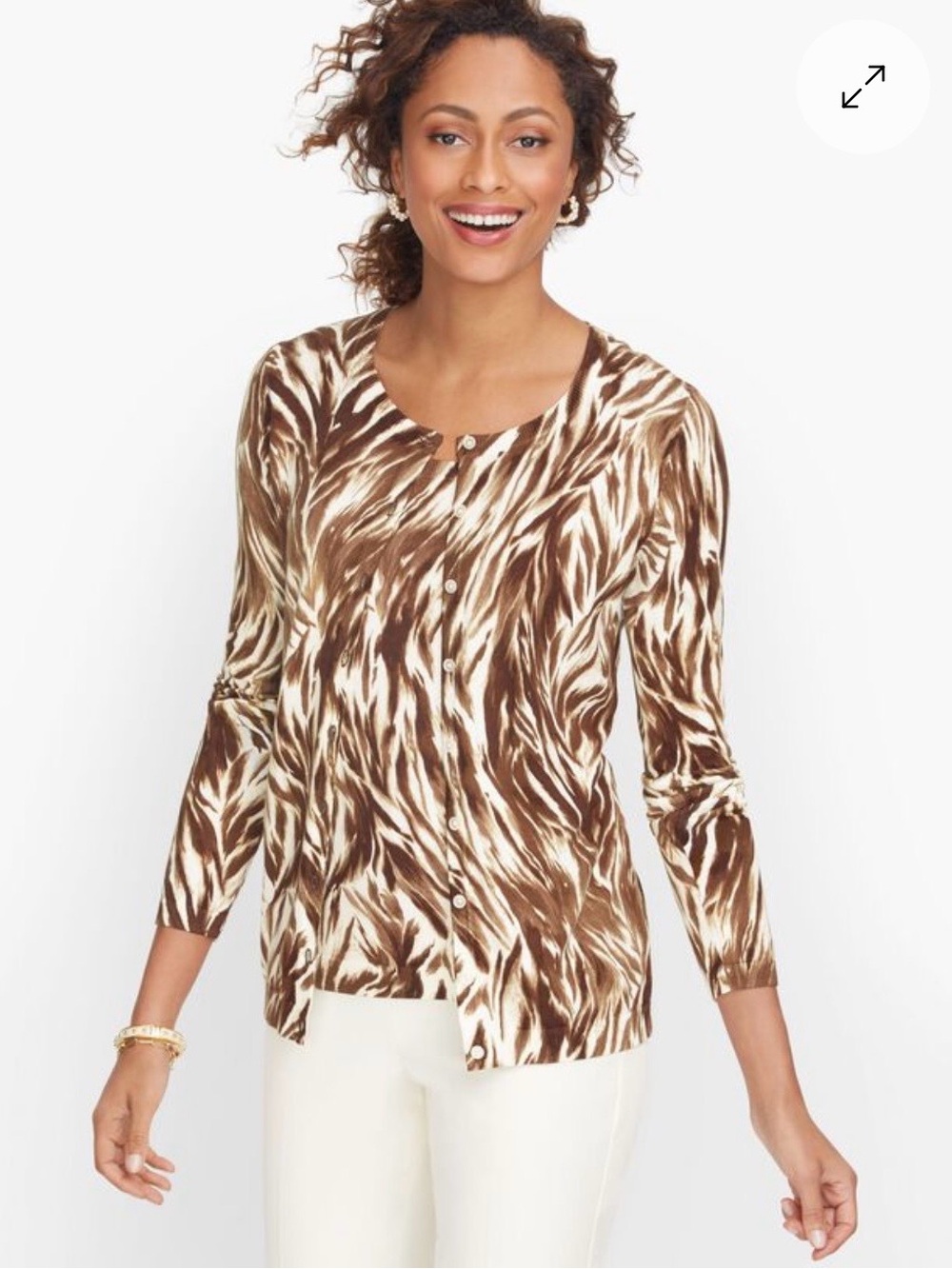 Talbots Cardigan Feathered Waves Print Abstract Animal Stripe Brown Ivory Mp